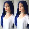 Uzun Koyu Mavi Düz Brezilyalı Peruk Kadınlar Gri / Sarı / Turuncu Dantel Ön Sentetik Peruk Cosplay