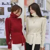 Jesień Zima Turtleneck Sashes Split Casual Koreański Chic Dzianiny Sweter Kobiety Jumper Pullover Panie Czarne Różowe Topy 210506