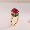 Cluster Rings S925 Sterling Silver Jewelry Ethnic Style Ladies Blue Emamel Inlaid Red Corundum Open Ring