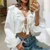 Vintage Ruffle V Neck Lace Up White Blouse Shirt Long Sleeve Summer Spring Beach Tops Crop Mujer 210427