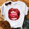 Diamante na boca vermelha Imprimir Camiseta Mulheres Manga Curta Tops Gráfico Camisetas Fashion T-shirt das senhoras