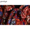Vintage Multicolor Blumendruck Minikleid Frauen Fliege Kragen Langarm Plissee Casual Plus Size Vestido 210514