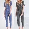 Jumpsuits Mulheres Macacão Escritório Desgaste Macacões Para As Mulheres Listrado Casual Jumpsuit Curto De Mangas De Algodão De Mangas Plus Size Belt Loose M