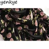 Rose Floral Print Sznurek Drapowane Sukienka Vintage Kobiety Krótki Rękaw Seksowny Bodycon Mini Letni Romantyczny Party Vestidos 210514