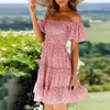 Kurzarm-Sommer-Sommerkleid mit Blumendruck für Damen, lässiges Boho-Strand-Minikleid, schulterfrei, 210427