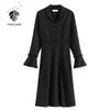 Fansilanen Flare Kollu Zarif Ofis Gömlek Elbise Kadınlar Ince Fırfır Uzun Siyah İlkbahar Sonbahar V Boyun Seksi Vitnage 210607