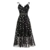 PERHAPS U Lace Up Strap Mesh Bling Sequined Star Sleeveless Black Champagne Women Midi Dress V Neck Mid-calf Fit And Flare D0910 210529