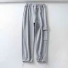 Vår höst bomull sweatpant casual sportbyxor stora fickbyxor för harajuku streetwear 210531