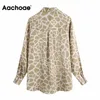 Leopardo impressão blusa mulheres manga longa escritório camisa de cetim vire para baixo colarinho senhora moda túnica tops primavera outono blusas 210413