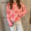 Yitimuceng 인쇄 스웨터 가을 여성 의류 보라색 O 넥타이 바투 윙 슬리브 풀오버 니트 한국어 톱 일본 패션 210601