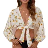 Maillots de bain pour femmes Mode manches bouffantes imprimé floral dames bandage plage cardigan sexy femme manches longues col en v profond crop tops maillots de bain biq