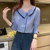 Koreaanse vrouwen blouses lange mouwen shirts vrouw chiffon blouse dames basic top plus size casual v nek blauw shirt XXL 210604