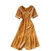 Mode Frauen Sommer Puppe Kragen Kurzarm Einreiher Schlank Retro Blumendruck Kleid Vintage Vestido De Mujer S823 210527