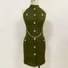ALTA QUALITÀ est Fashion Designer Runway Dress Bottoni leone da donna Catena Halter senza schienale in cotone verde 210521