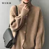 WYWM Coarse Yarn Striped Knitted Cardigan Elegant Vintage Lazy Oaf Sweater Coat Turtleneck Long Sleeve Female Jumpers 210922