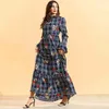Navy Blue Plaid Floral Long Dress Stand Collar Sleeve Maxi A Line Dresses Plus Size Spring Women Clothing 210517