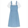 [Eam] Kvinnor Blå Fake Två Spliced ​​Pleated Dress Square Neck Puff Short Sleeve Loose Fit Fashion Spring Summer 1DD8298 210512