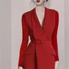 High Quality OL Ladies -end Red Notched neck Long sleeve Blazer Dress Vintage Waist Party vestidos 210519