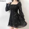 WOHERB Yaz Bayan Siyah Elbise Vintage Çiçek Uzun Puf Kol Şifon Elbiseler Kore Rahat Mini Vestidos Mujer 21593 210409