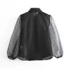 Women Black Organza Blouse Transparent Turn Down Collar Long Puff Sleeve Shirt Female Ladies Tunic Tops 210508