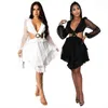 Women Plunge V-neck Mesh Long Sleeve Ruffle Design Solid Mini Dress 211115