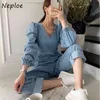 V Neck Długi rękaw Pullover Kombinezony Kobiety Wysoka Talia Hip Sashes Denim Body Urządzenia Femme Spring SIM Playsuits 210422