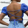 Sollinarry Puff Sleeves Elastic Band Women T-shirt Vintage Korean Style Square Neck Fold Crop Summer Fashion Slim Female Top 210709