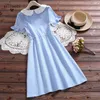 Preppy Style Summer Femmes Robe mignonne Peter Pan Collier Noir Bleu Broderie Fruit Robe à manches courtes Sweet Kawaii Robes 210520