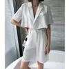 White 2 Piece Set Summer Shorts Suit Women Sexy Blazer and Pants Set Elegant Short Sleeve Cropped Tops Loose High Waist Shorts X0428