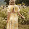Foridol décontracté poches dos nu jaune longue robe femmes Vintage Plaid Maxi robe été a-ligne femme robe 210415