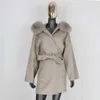 Furelieve Cashmere Wood combina casaco de pele real jaqueta de inverno Mulheres Natural Collar Outerwear Belt Streetwear 211110