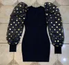 Women Sexy Designer Dot Long Puff Sleeve Black Bandage Dress Winter Ladies Elegant Bodycon Party Vestido 210527