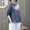 Fje verano estilo mujer camiseta de talla grande media manga suelta Vintage bordado camiseta mujer algodón Lino camisetas grandes Tops MGZ2 210406
