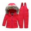 아이들 겨울 코트 정장 소년 오리 재킷 + 바지 의류 세트 아이들 따뜻한 두꺼운 코트 눈 착용 파카 아기 소녀 옷
