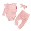 Baby Ribbed Clothing Set Ruffled Long Sleeve Romper Skirtpants Bow Headbands 3Pcs/Set Toddler Outfits M3961