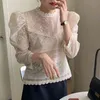 Casual Hook Flower Blouses Coreano Chic Vintage Camicetta Donne in pizzo Hollow Tops Stand Collar Sottile Albicocca Abrico Pulvello Sleeve Shirts 12624 210508