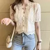 Fashion Women V-neck Lace Blouses Shirts Female Short Puff Sleeve Hollow Out Solid Elasticity Two-piece suit-Send sling 210507