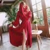 Split Maxi Dress Woman Red Solid Bomull och Linne Lantern Sleeve V-Neck Boho Sexig Long Kvinna Wizard Vestido 210603
