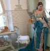 Teal azul marroquino kaftan noite vestidos com overskirt 2022 manga longa lace applique frisado vestido de baile karakou algérien