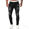 Moda Homens Jeans Casual Patchwork Denim Slim Fit Calças Sólidas Preto e Azul Skinny Pants Pants Plus Size Stretchy 210622