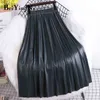 Beiyingni moda pu couro midi saia mulheres cor sólida outono inverno cintura alta saias plissadas branco preto faldas feminino 211120