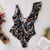 Printed Womens Bodysuit Swimsuit Bikini Sexy V Neck Ladies Bikinis Summer Beach Halter Swimwear Set