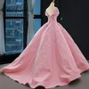 High-end snoep roze prom jurken 2021 baljurk off-the-schouder korte mouw bloem applicaties kant sweep trein ruche backless formele quinceanera jurken