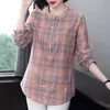 Dames lente herfst stijl katoen blouses shirt dames oneck lange mouw knop plaid Koreaanse elegante tops dd9114 210401