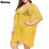 Plus Size Knitted Crochet Beach Dresses and Tunics Yellow Hollow Out Swim Suit Cover Up V-neck Irregular Beachwear Red 14 Colors 210629