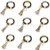 Black Frosted Wooden Bead Bracelet Keychain Fashion Pattern Tassel Pendant Bracelets Women Girl Key ring Wrist Strap 7 Colors DD255