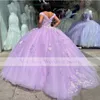 Lila Puffy Ballkleid Quinceanera Kleider Applikationen Foral Sweet 16 Kleid Vestido De 15 Anos Quinceanera 2021