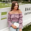 Elastic high waist women Sexy slash neck up female shirt Ruffled hollow out lace embroidery shirts 210414