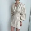 春の秋の女性のドレス韓国のエレガントな緩いチュニック長袖Vネックボディコンセクシーミニドレスvestido Mujer 210518