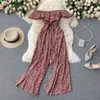 Singreiny Women Boho Цветочные Rompers Sexy Slash Sece Sweet ruffles Широкие ногой Комбинезоны Летние Независимые Плечо Сплит Каникулы Rompers 210419